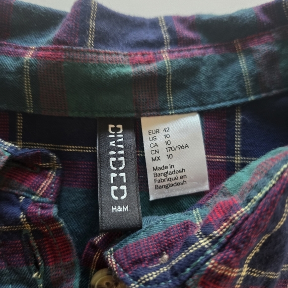 H&M Shirt Women Sz 10 Plaid Mixed Print Purple Red Button Up Long Sleeve - Picture 7 of 10